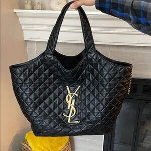 Yves Saint Laurent Black Quilted Tote with Gold Logo